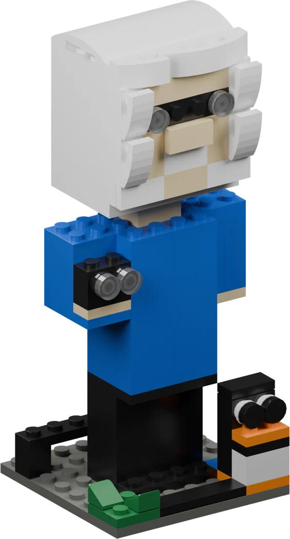 Sandy’s brick-built figure: white bob, glasses, blue shirt, binoculars, and a penguin on the base